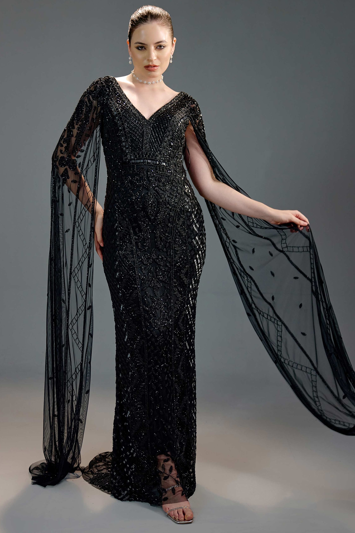 BLING EMPIRE Black Mesh Sequin Embellished Maxi Dress