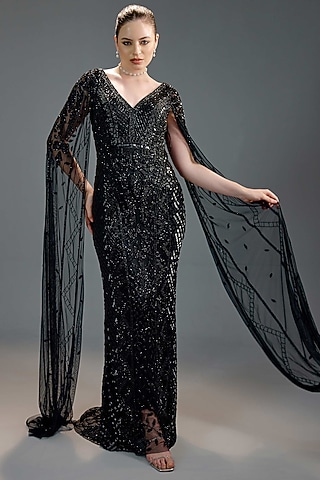 Black Mesh Sequin Embellished Maxi Dress by BLING EMPIRE