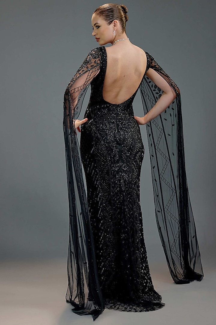 Black Mesh Sequin Embellished Maxi Party Wear Dress by BLING EMPIRE at Pernia's Pop Up Shop