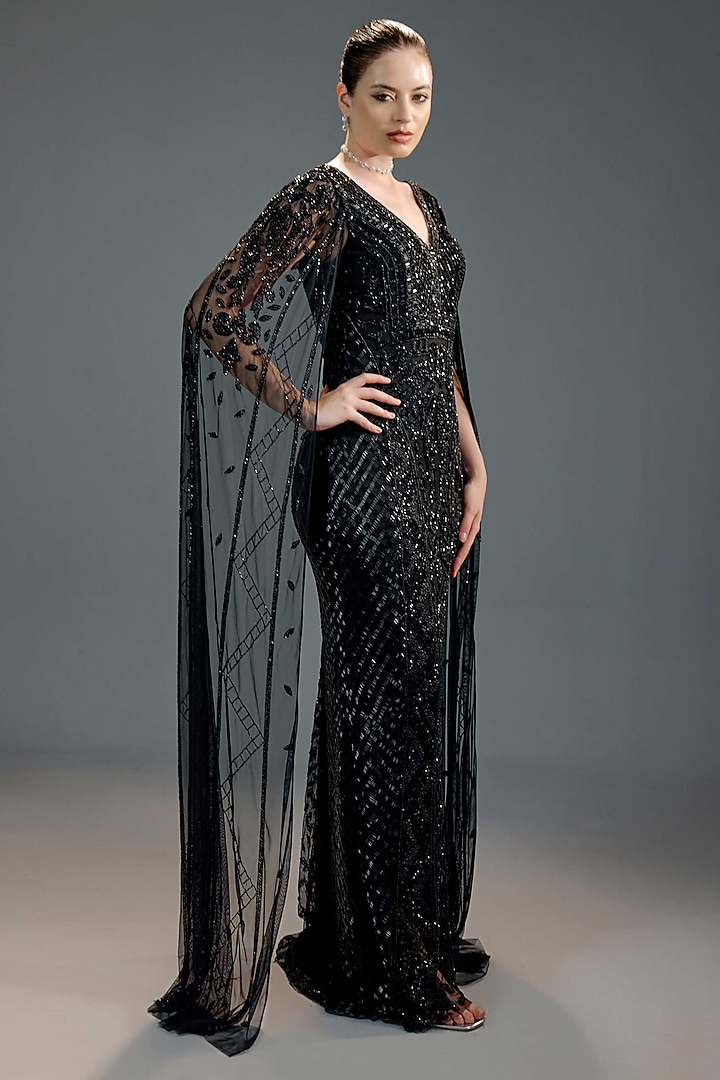 Black Mesh Sequin Embellished Maxi Party Wear Dress by BLING EMPIRE at Pernia's Pop Up Shop