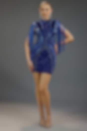 Royal Blue Mesh Beadwork Mini Vacation Dress by BLING EMPIRE at Pernia's Pop Up Shop
