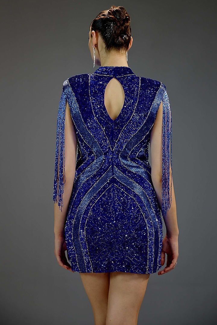 Royal Blue Mesh Beadwork Mini Vacation Dress by BLING EMPIRE at Pernia's Pop Up Shop