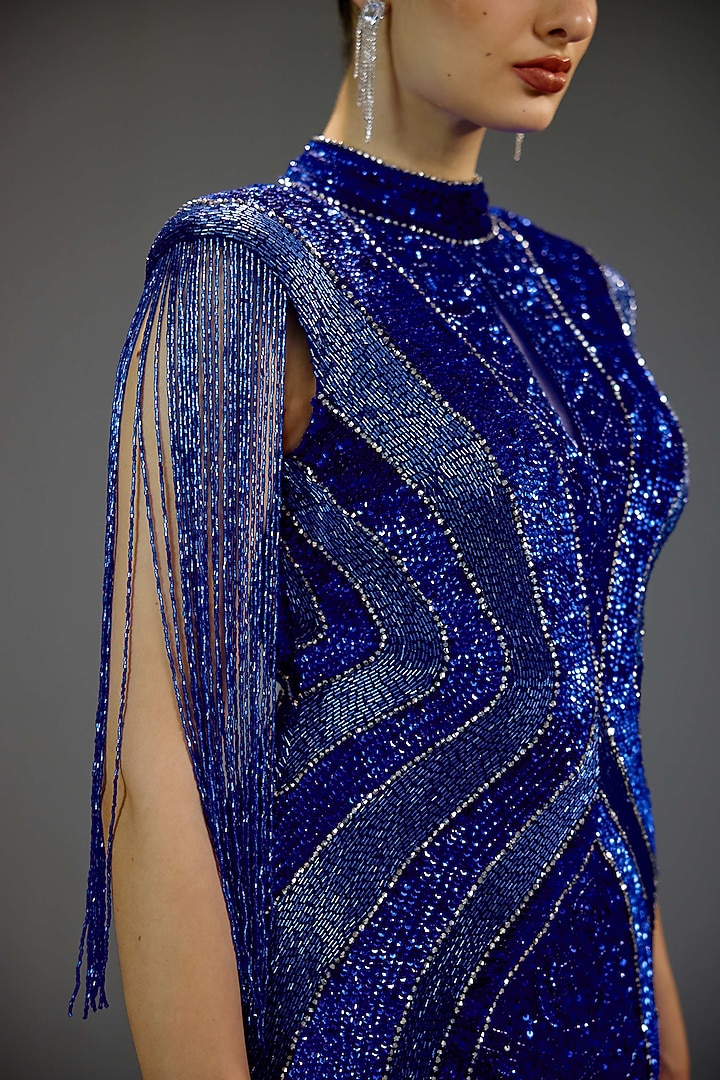 Royal Blue Mesh Beadwork Mini Vacation Dress by BLING EMPIRE at Pernia's Pop Up Shop