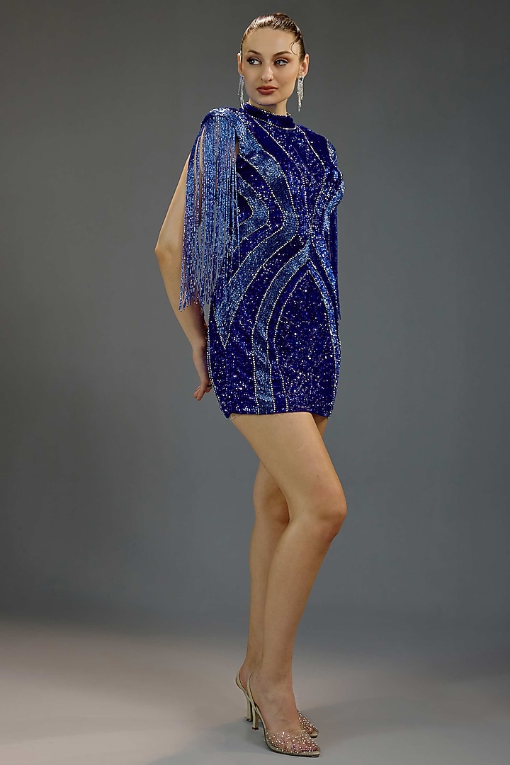 Royal Blue Mesh Beadwork Mini Vacation Dress by BLING EMPIRE at Pernia's Pop Up Shop