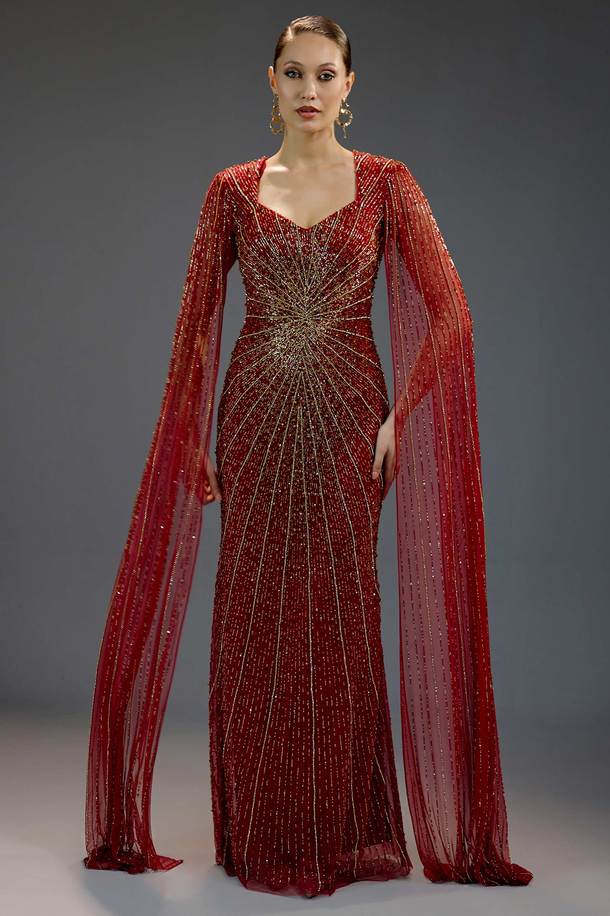 BLING EMPIRE Deep Burgundy Mesh Floral Sequin Embellished Maxi Dress