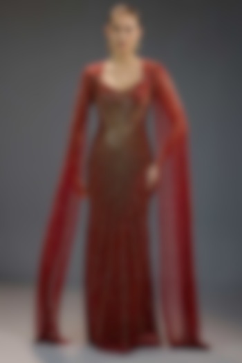 Deep Burgundy Mesh Floral Sequin Embellished Maxi Party Wear Dress by BLING EMPIRE at Pernia's Pop Up Shop
