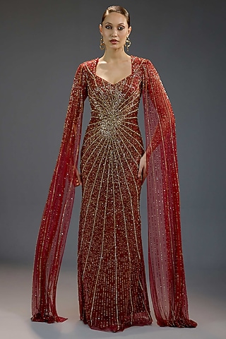 Deep Burgundy Mesh Floral Sequin Embellished Maxi Dress by BLING EMPIRE