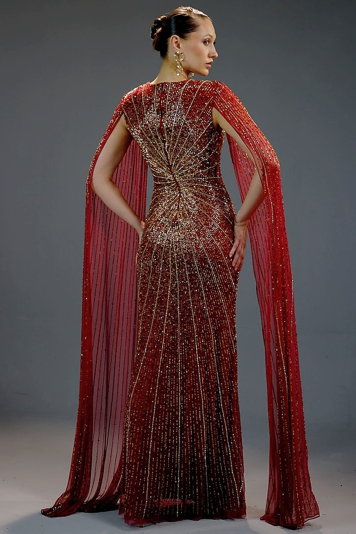 Deep Burgundy Mesh Floral Sequin Embellished Maxi Party Wear Dress by BLING EMPIRE at Pernia's Pop Up Shop