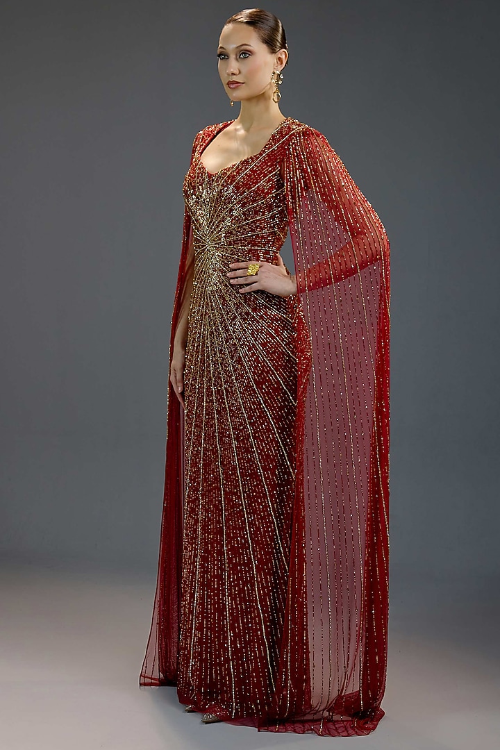 Deep Burgundy Mesh Floral Sequin Embellished Maxi Party Wear Dress by BLING EMPIRE at Pernia's Pop Up Shop