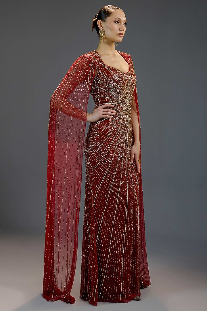 Deep Burgundy Mesh Floral Sequin Embellished Maxi Party Wear Dress by BLING EMPIRE at Pernia's Pop Up Shop