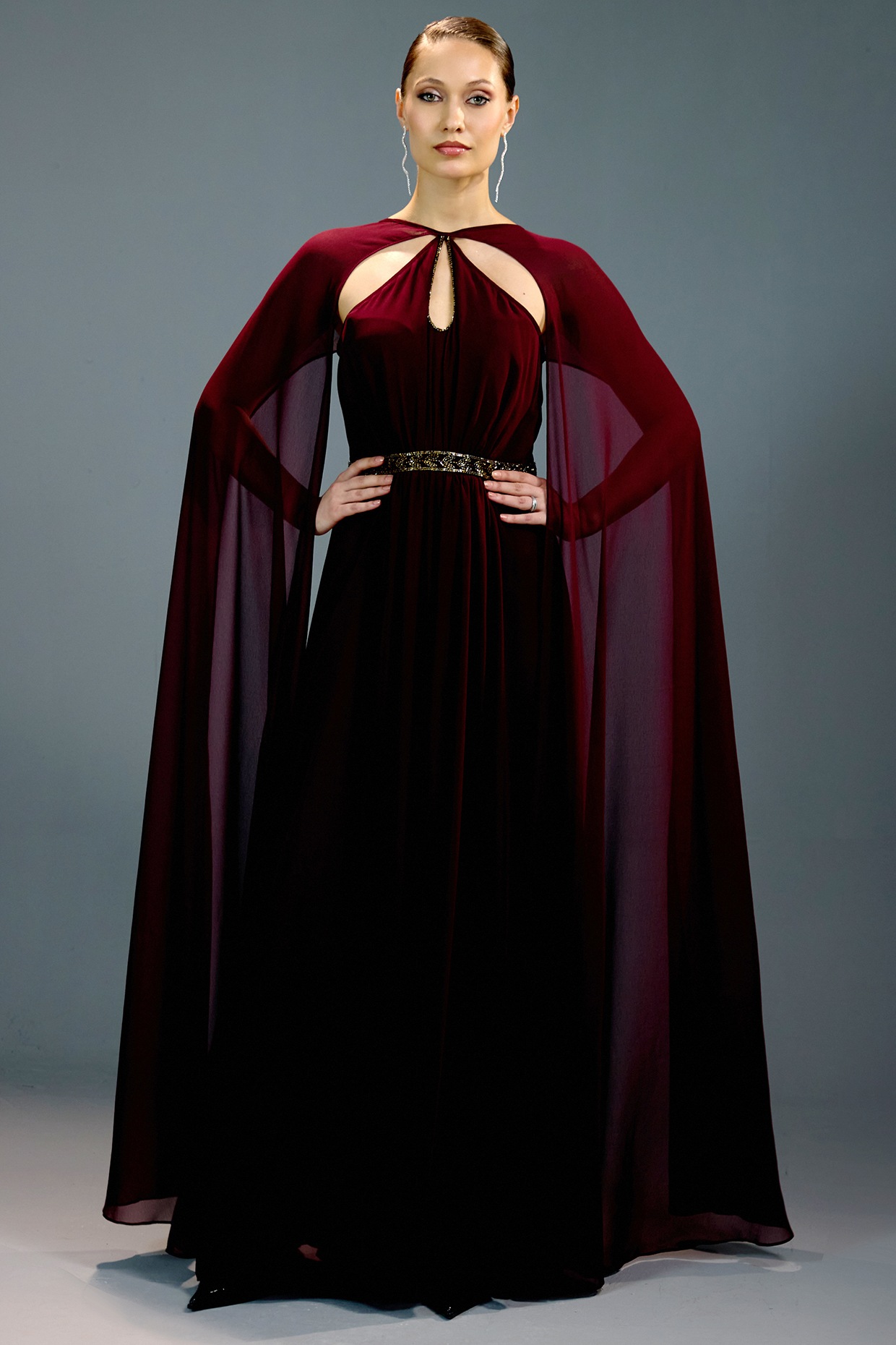 BLING EMPIRE Crimson Mesh & Velvet Embellished Gown