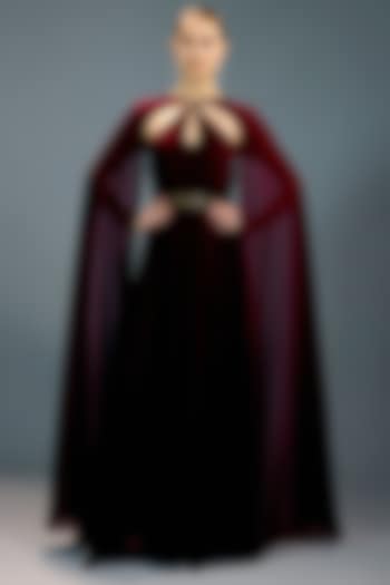 Crimson Mesh & Velvet Embellished Party Wear Gown by BLING EMPIRE at Pernia's Pop Up Shop