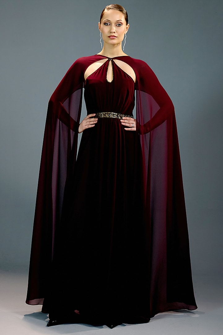 Crimson Mesh & Velvet Embellished Party Wear Gown by BLING EMPIRE at Pernia's Pop Up Shop