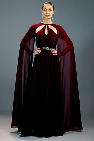 Crimson Mesh & Velvet Embellished Gown by BLING EMPIRE
