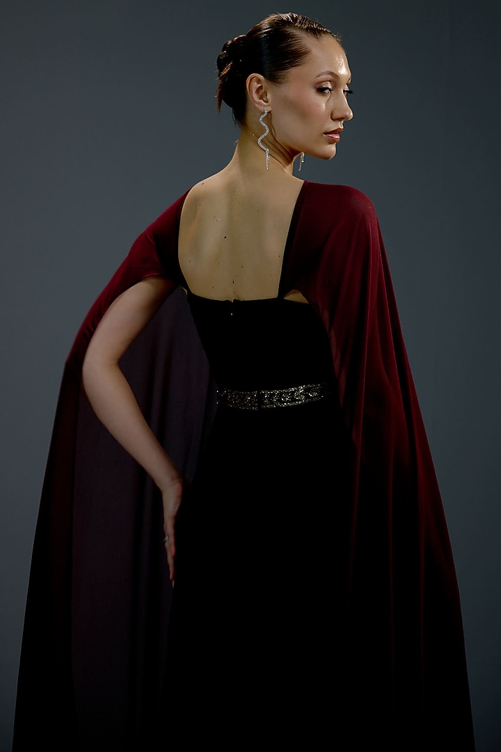 Crimson Mesh & Velvet Embellished Party Wear Gown by BLING EMPIRE at Pernia's Pop Up Shop