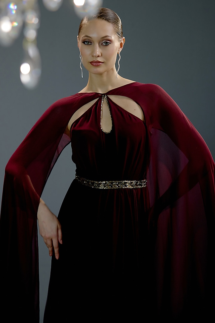 Crimson Mesh & Velvet Embellished Party Wear Gown by BLING EMPIRE at Pernia's Pop Up Shop
