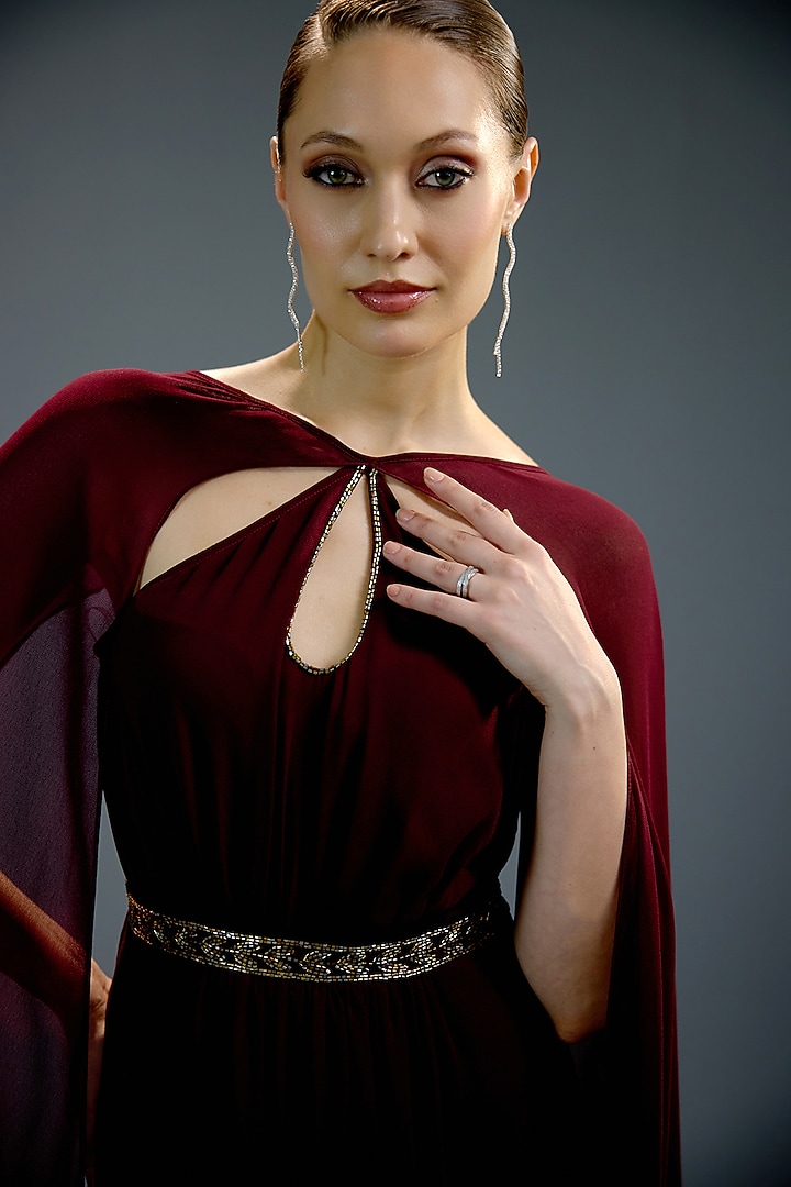 Crimson Mesh & Velvet Embellished Party Wear Gown by BLING EMPIRE at Pernia's Pop Up Shop
