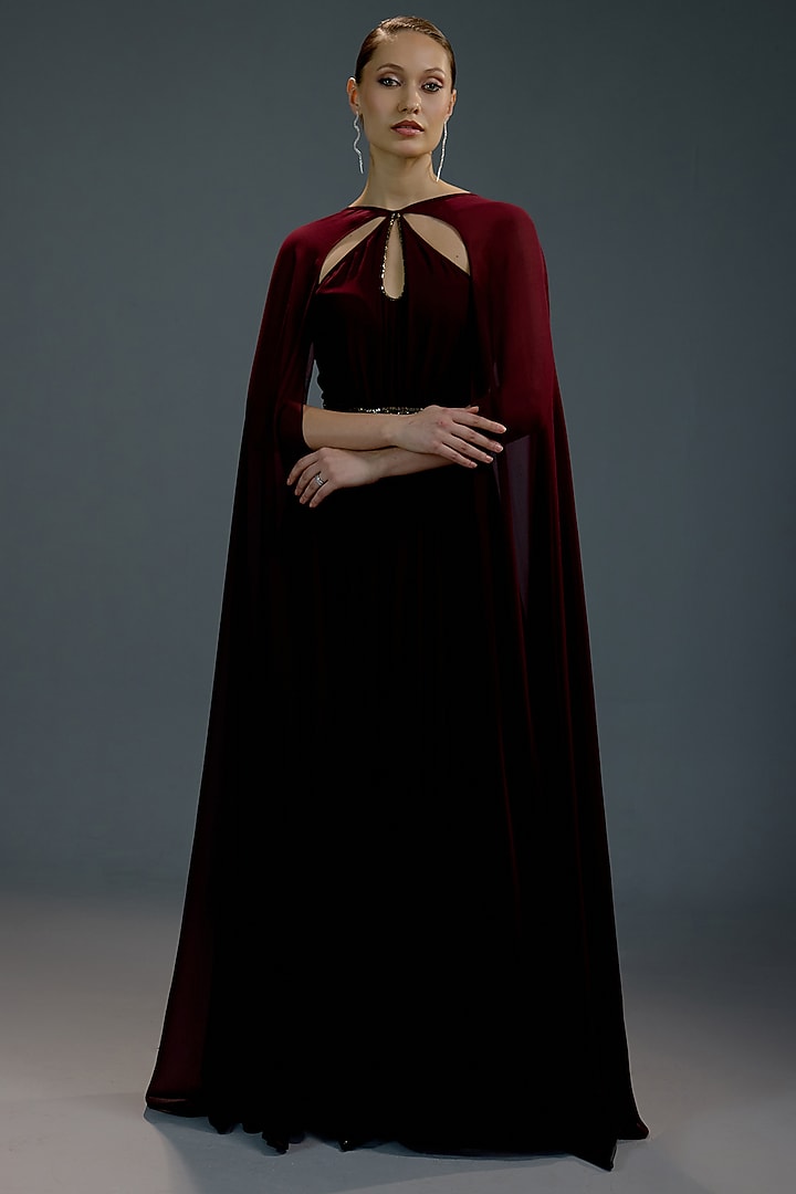 Crimson Mesh & Velvet Embellished Party Wear Gown by BLING EMPIRE at Pernia's Pop Up Shop