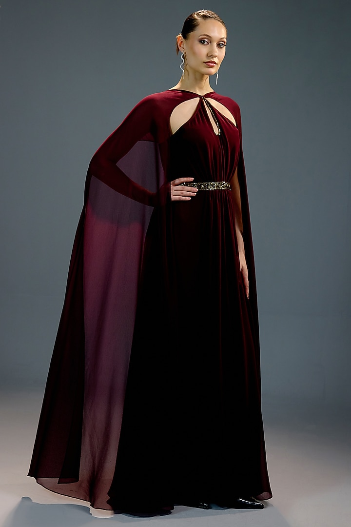 Crimson Mesh & Velvet Embellished Party Wear Gown by BLING EMPIRE at Pernia's Pop Up Shop