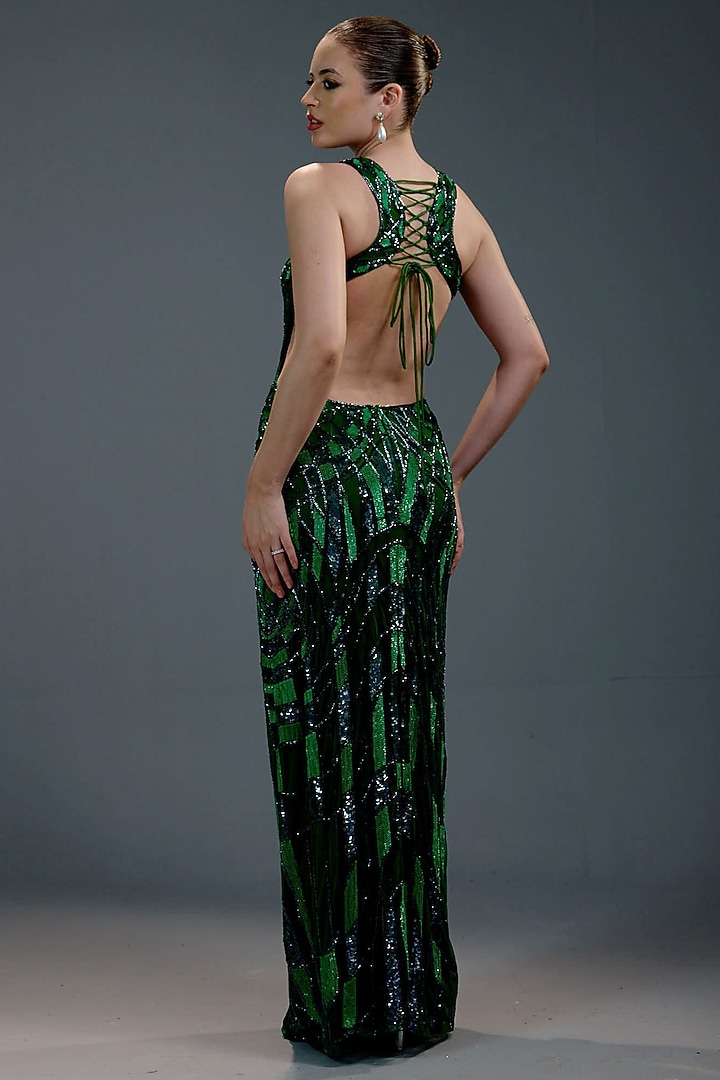 Emerald Mesh Bead Embellished Engagement Gown by BLING EMPIRE at Pernia's Pop Up Shop
