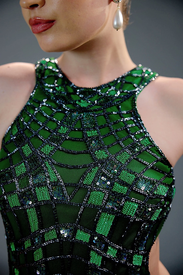 Emerald Mesh Bead Embellished Engagement Gown by BLING EMPIRE at Pernia's Pop Up Shop