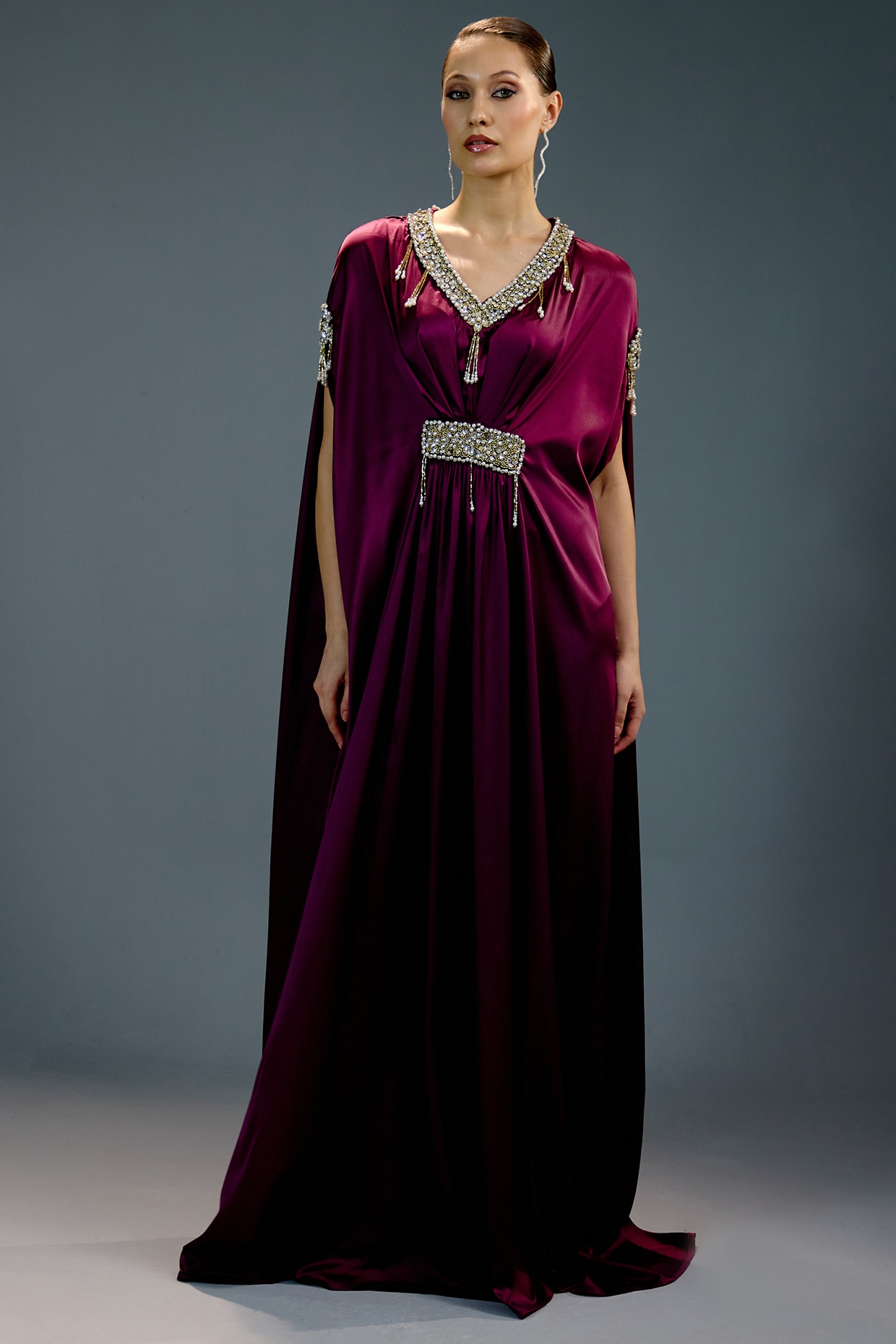 BLING EMPIRE Deep Purple Satin Crystal Embellished Kaftan Dress