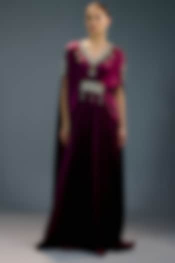 Deep Purple Satin Crystal Embellished Kaftan Vacation Dress by BLING EMPIRE at Pernia's Pop Up Shop