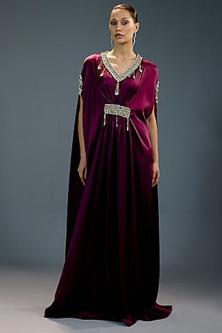 Deep Purple Satin Crystal Embellished Kaftan Dress by BLING EMPIRE