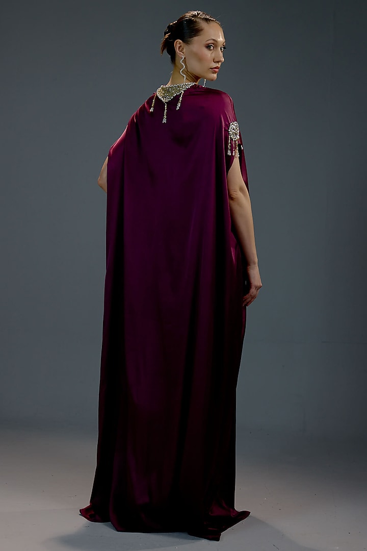 Deep Purple Satin Crystal Embellished Kaftan Vacation Dress by BLING EMPIRE at Pernia's Pop Up Shop