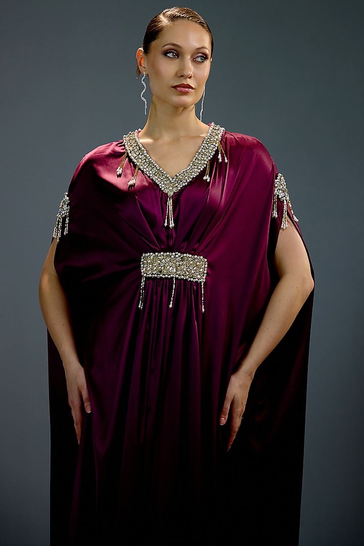 Deep Purple Satin Crystal Embellished Kaftan Vacation Dress by BLING EMPIRE at Pernia's Pop Up Shop