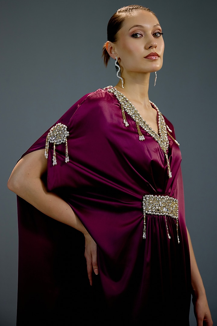 Deep Purple Satin Crystal Embellished Kaftan Vacation Dress by BLING EMPIRE at Pernia's Pop Up Shop