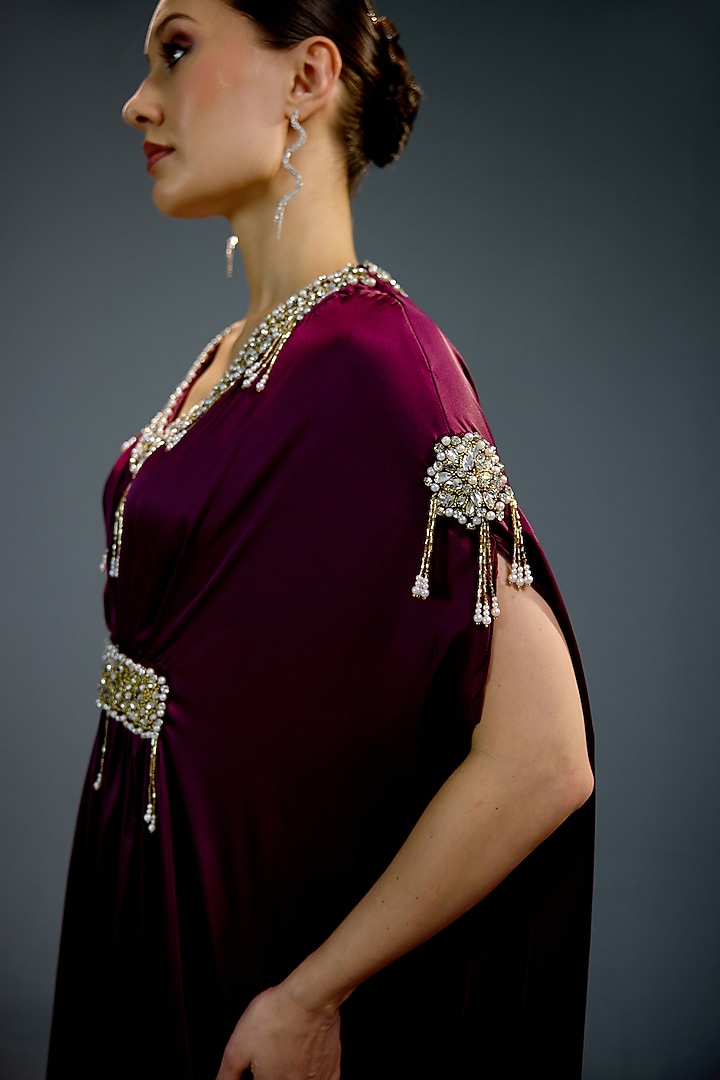 Deep Purple Satin Crystal Embellished Kaftan Vacation Dress by BLING EMPIRE at Pernia's Pop Up Shop