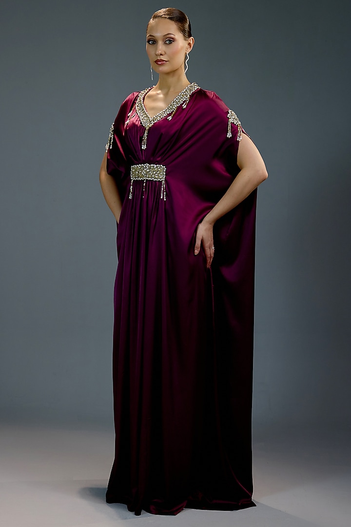 Deep Purple Satin Crystal Embellished Kaftan Vacation Dress by BLING EMPIRE at Pernia's Pop Up Shop