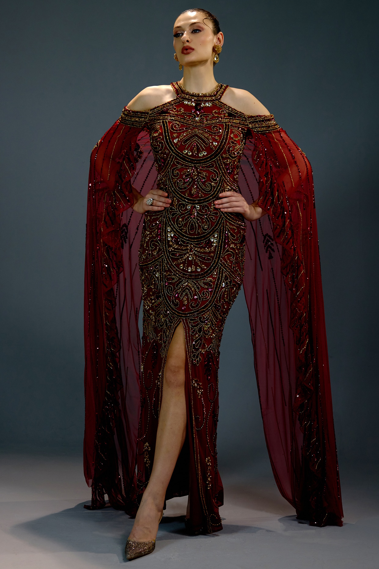 BLING EMPIRE Crimson Mesh Pearl Embellished Cape Gown