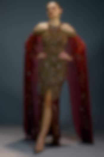 Crimson Mesh Pearl Embellished Cape Engagement Gown by BLING EMPIRE at Pernia's Pop Up Shop