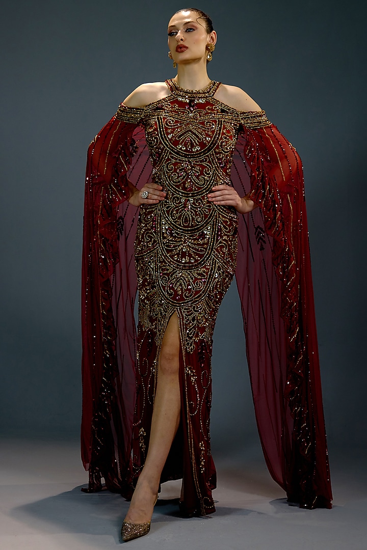 Crimson Mesh Pearl Embellished Cape Engagement Gown by BLING EMPIRE at Pernia's Pop Up Shop