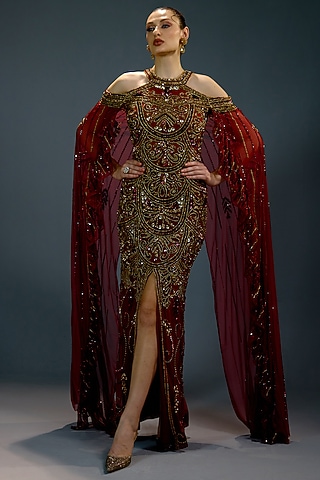 Crimson Mesh Pearl Embellished Cape Gown by BLING EMPIRE