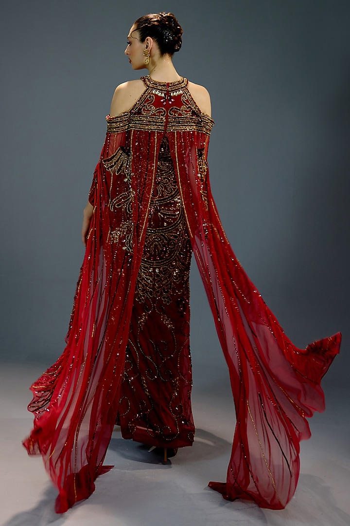 Crimson Mesh Pearl Embellished Cape Engagement Gown by BLING EMPIRE at Pernia's Pop Up Shop
