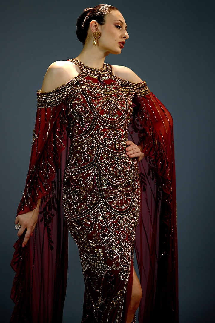 Crimson Mesh Pearl Embellished Cape Engagement Gown by BLING EMPIRE at Pernia's Pop Up Shop