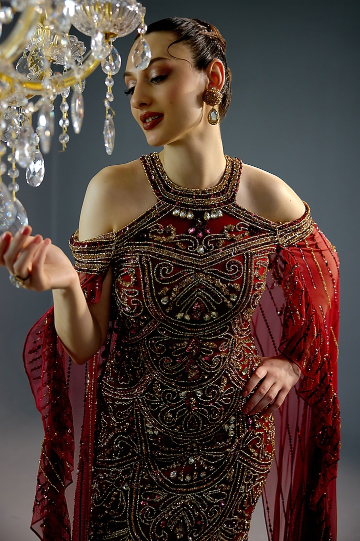 Crimson Mesh Pearl Embellished Cape Engagement Gown by BLING EMPIRE at Pernia's Pop Up Shop