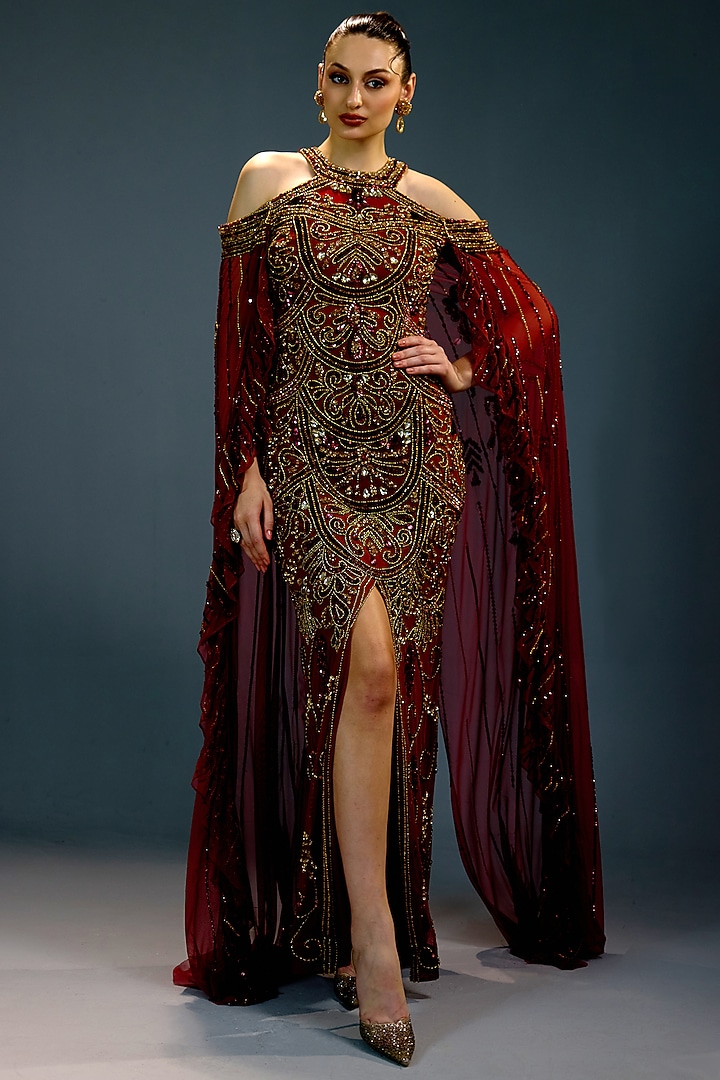 Crimson Mesh Pearl Embellished Cape Engagement Gown by BLING EMPIRE at Pernia's Pop Up Shop