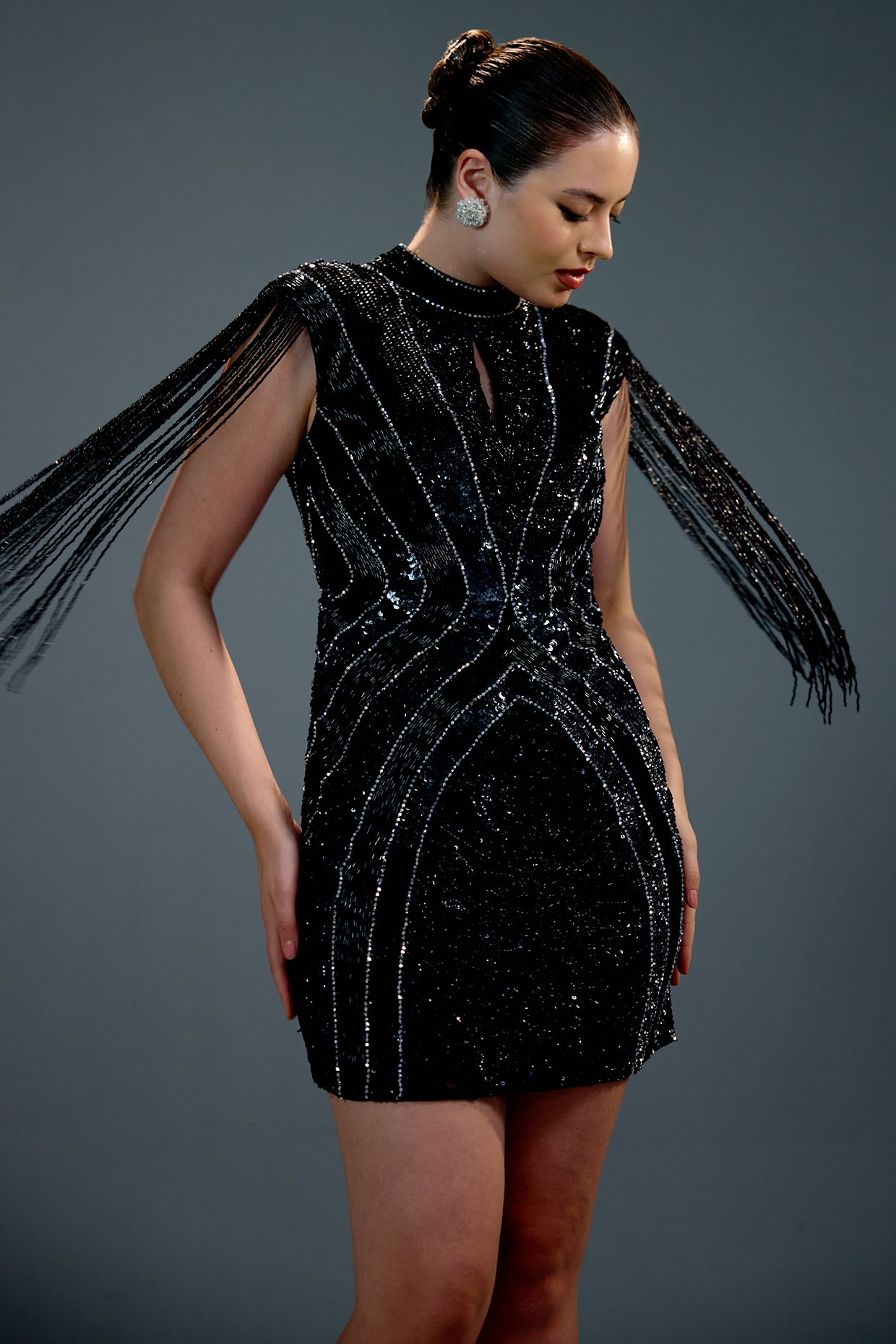 BLING EMPIRE Midnight Black mesh Embellished Mini Dress