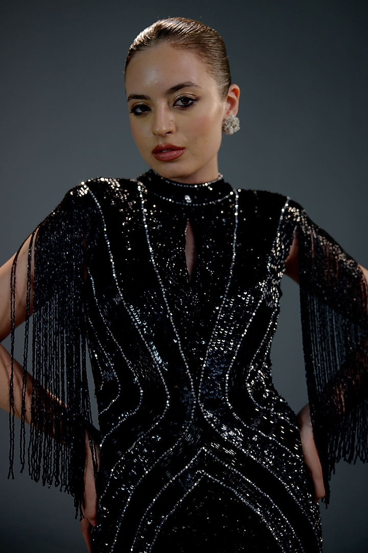 Midnight Black mesh Embellished Mini Vacation Dress by BLING EMPIRE at Pernia's Pop Up Shop