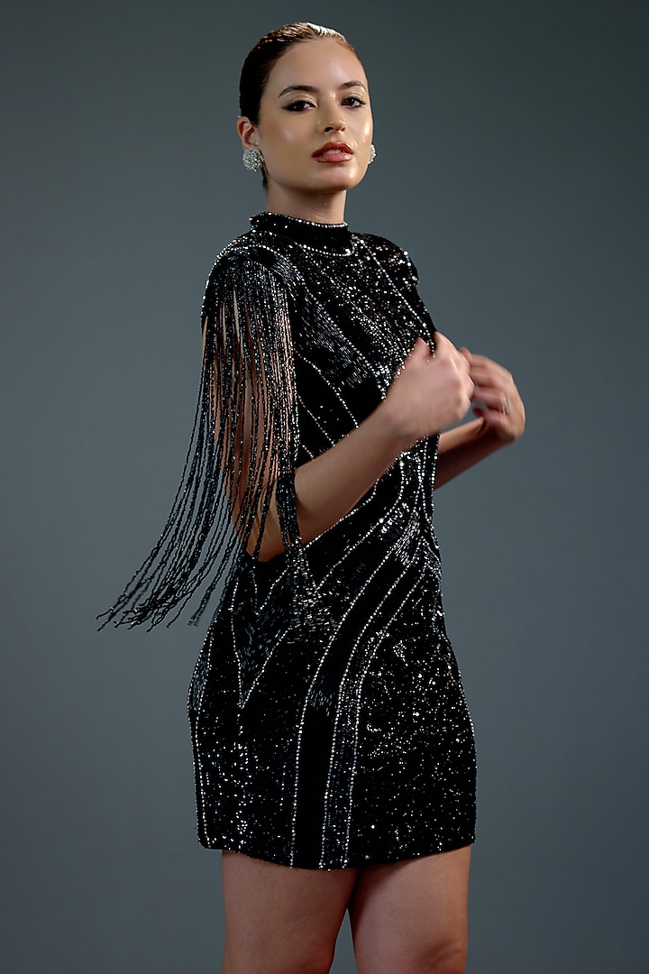 Midnight Black mesh Embellished Mini Vacation Dress by BLING EMPIRE at Pernia's Pop Up Shop