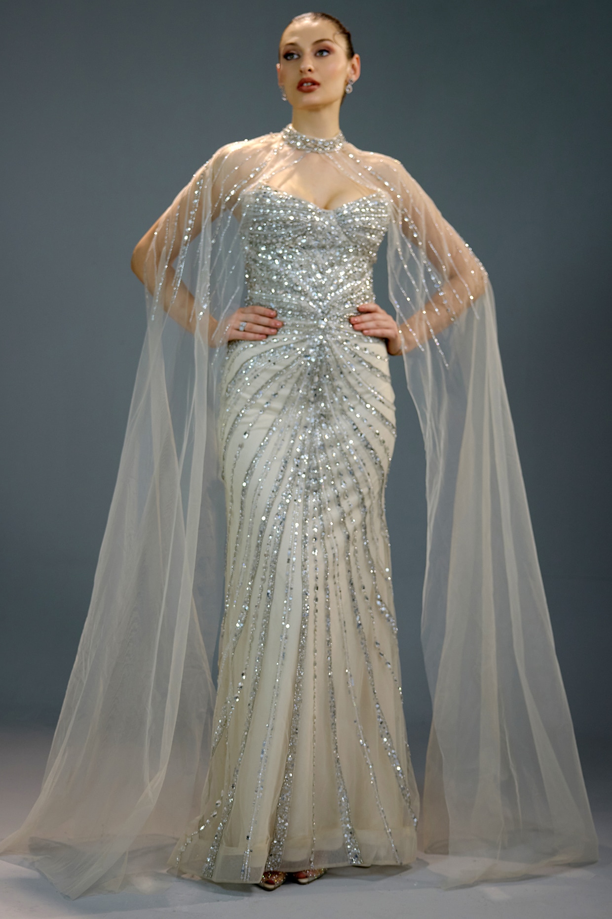 BLING EMPIRE Silver Mesh Bead Embellished Gown
