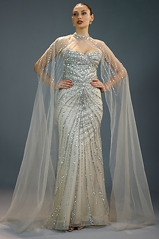 Silver Mesh Bead Embellished Gown by BLING EMPIRE