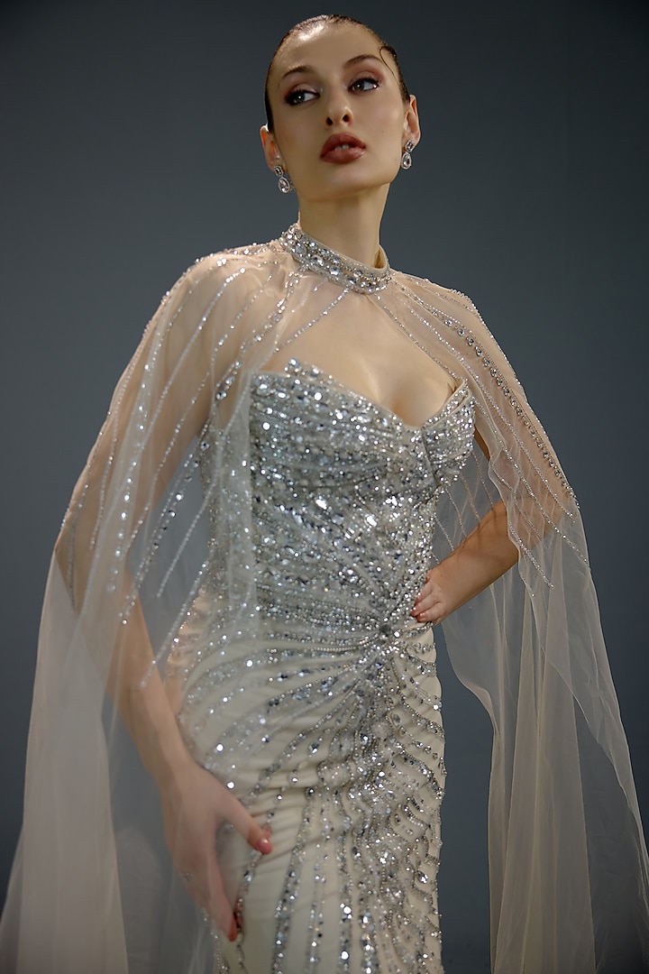 Silver Mesh Bead Embellished Engagement Gown by BLING EMPIRE at Pernia's Pop Up Shop