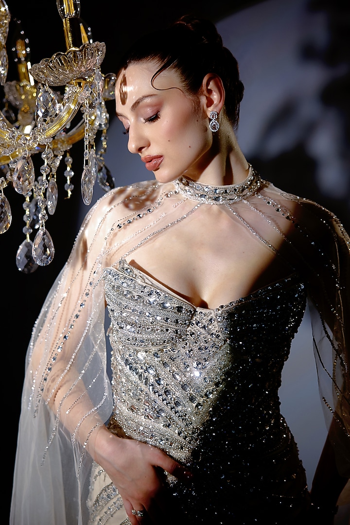Silver Mesh Bead Embellished Engagement Gown by BLING EMPIRE at Pernia's Pop Up Shop