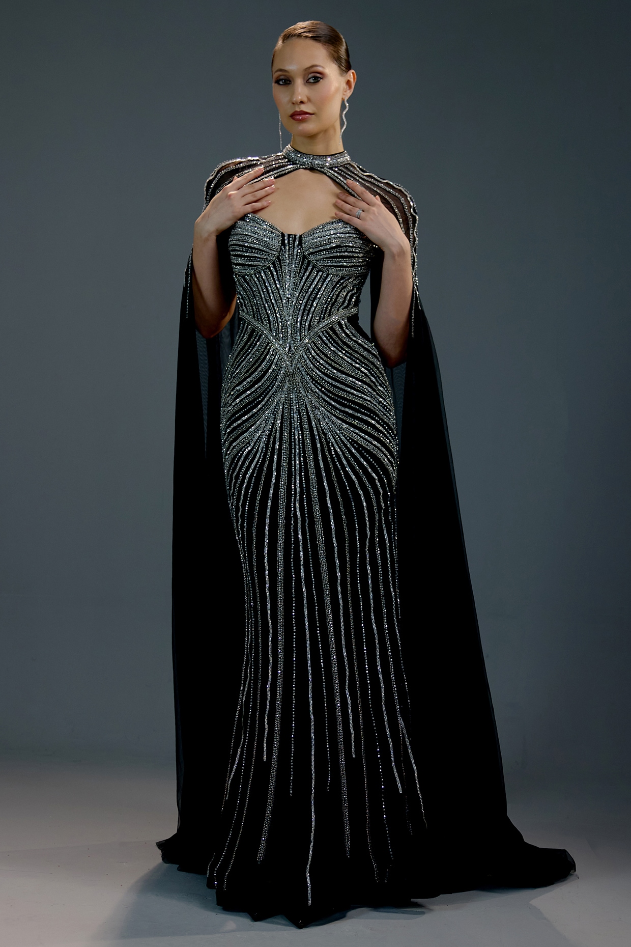 BLING EMPIRE Midnight Black Mesh Bead Hand Embellished Gown