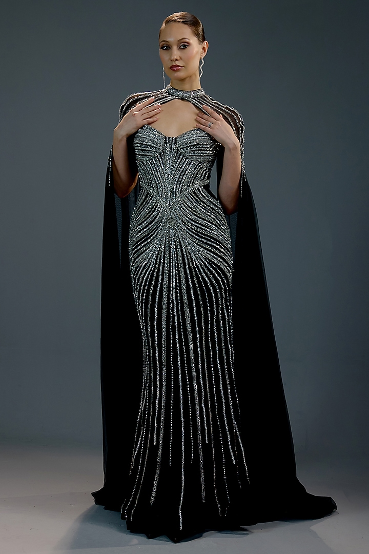 Midnight Black Mesh Bead Hand Embellished Engagement Gown by BLING EMPIRE at Pernia's Pop Up Shop